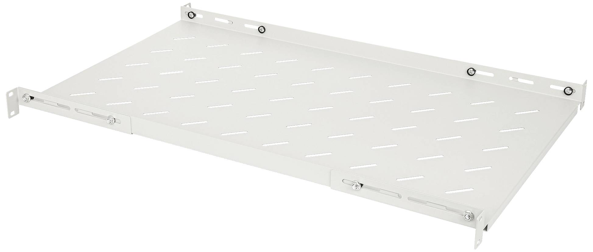Un étagère métallique blanche perforée pour baies serveur, orientée horizontalement. Convient au stockage d'équipements dans les centres de données.