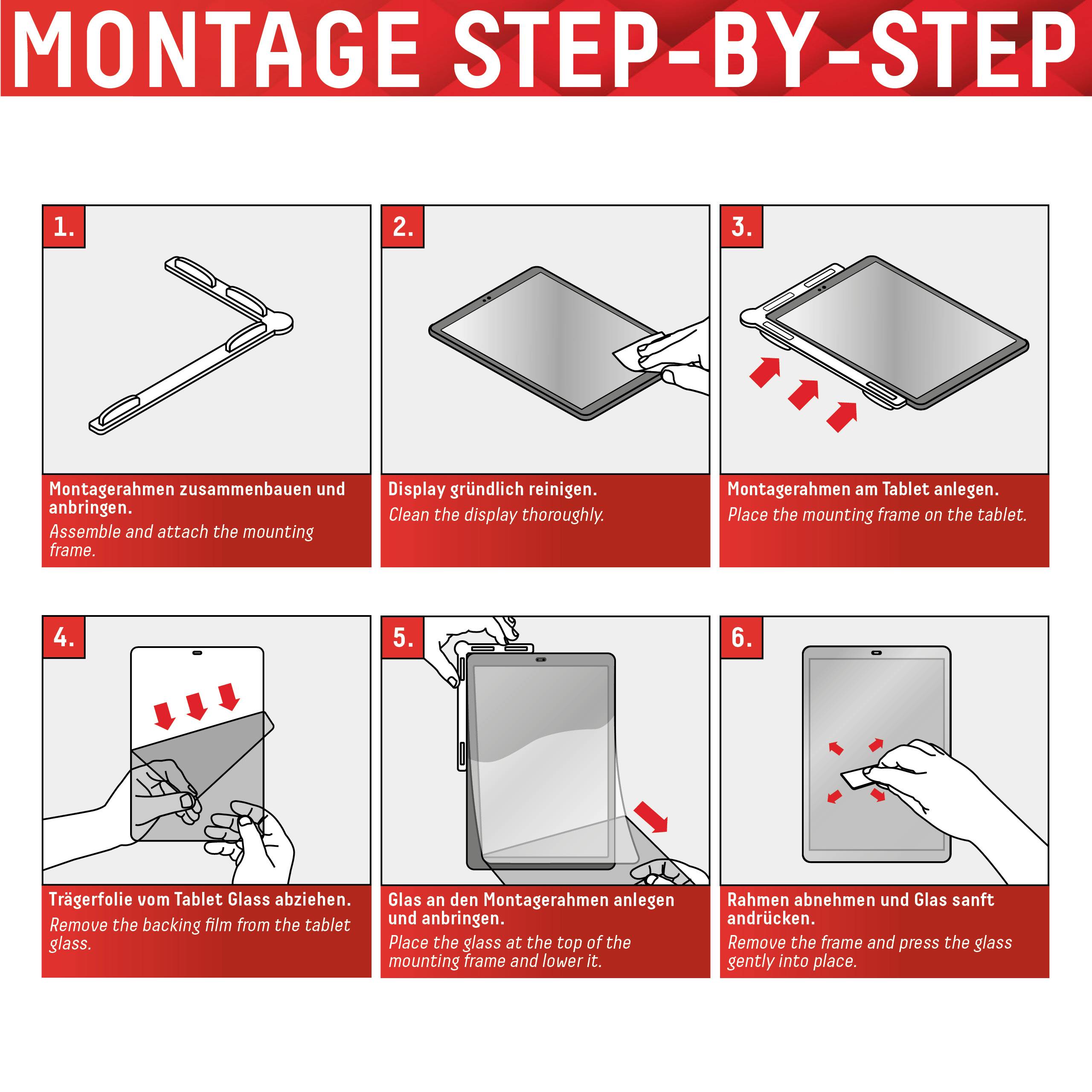 'Instructions de montage étape par étape : 1) Assembler le cadre, 2) Nettoyer l'écran, 3) Placer le cadre, 4) Retirer le film protecteur, 5) Ajuster le verre, 6) Sécuriser le cadre.'