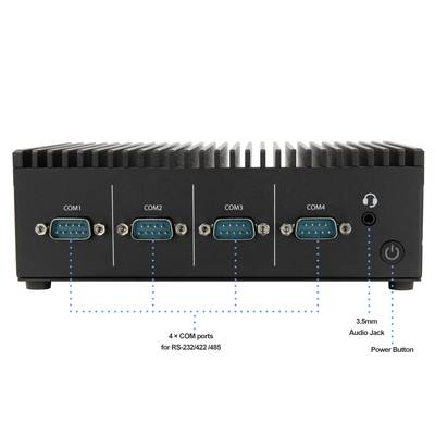 Un boîtier noir avec quatre ports COM pour RS-232/422/485, une prise audio de 3,5 mm et un interrupteur marche/arrêt à l'avant.
