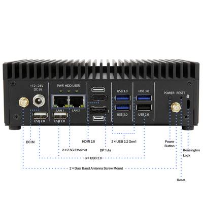 Dos d'un boîtier d'ordinateur noir et gris avec différents ports et interrupteurs, comprenant USB, HDMI, Ethernet et l'alimentation électrique.