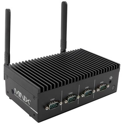Ordinateur industriel avec boîtier noir, deux antennes et quatre ports COM à l'avant. Adapté aux applications industrielles robustes.