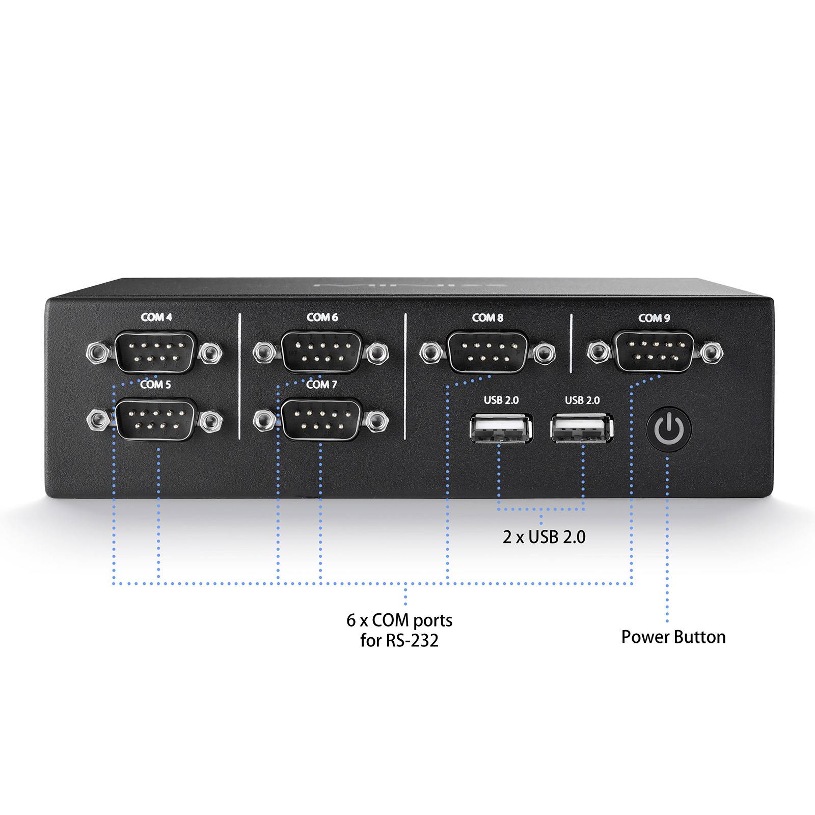 Hub d'interfaces avec 6 ports COM pour RS-232 et 2 ports USB 2.0. Interrupteur marche/arrêt sur la droite.