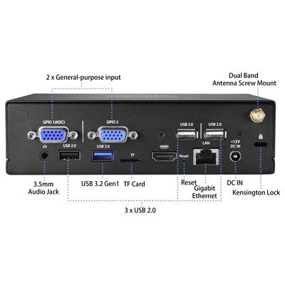 Dos d'un appareil électronique avec différentes connexions : double entrée générale, 3x USB 2.0, USB 3.2 Gen1, emplacement pour carte TF, prise audio, support d'antenne double bande, Ethernet Gigabit, réinitialisation, DC IN, verrou Kensington.