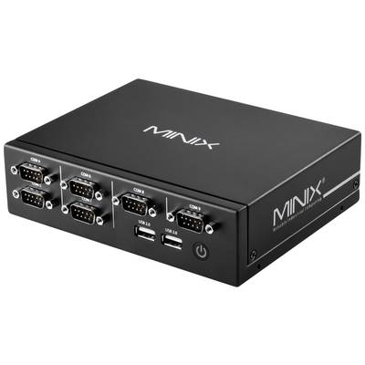 Disque dur externe avec plusieurs interfaces, comprenant neuf ports COM et deux ports USB. La marque 'Minix' est visible.