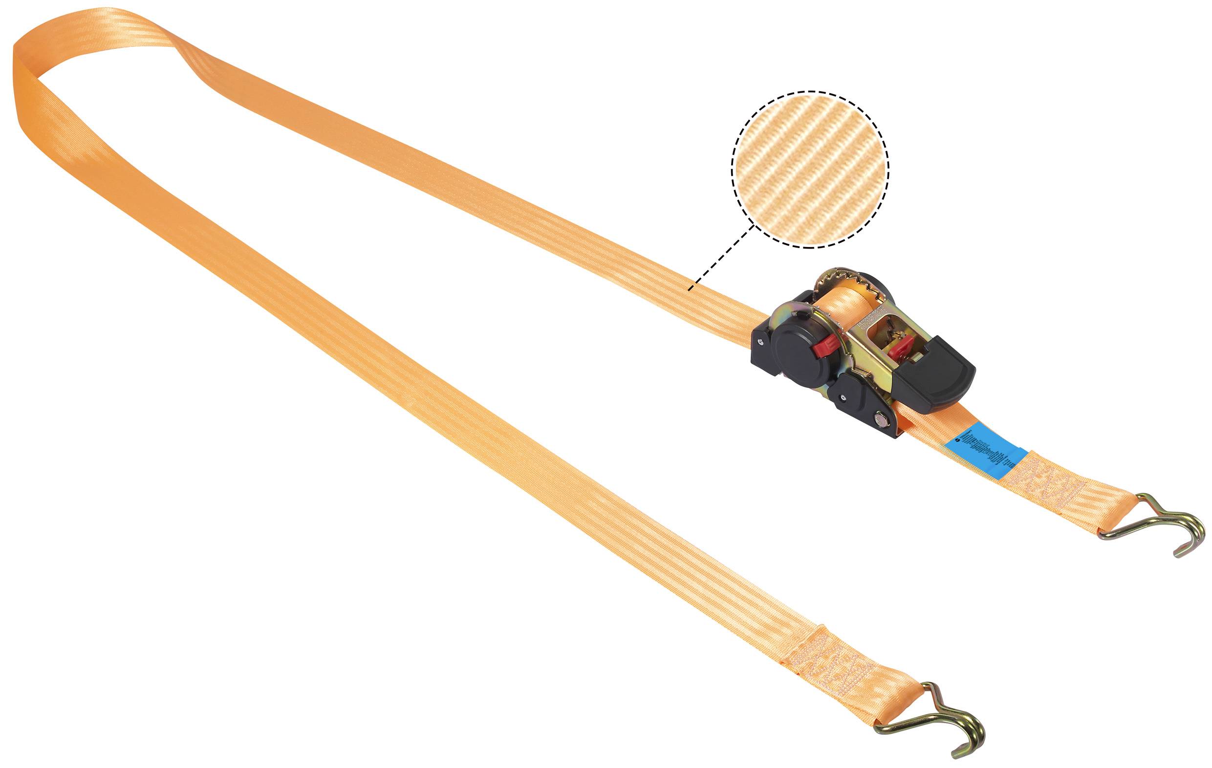 Un sangle d'arrimage orange avec tendeur à cliquet et crochets aux deux extrémités pour la fixation de charges. Vue détaillée de la structure du matériau.