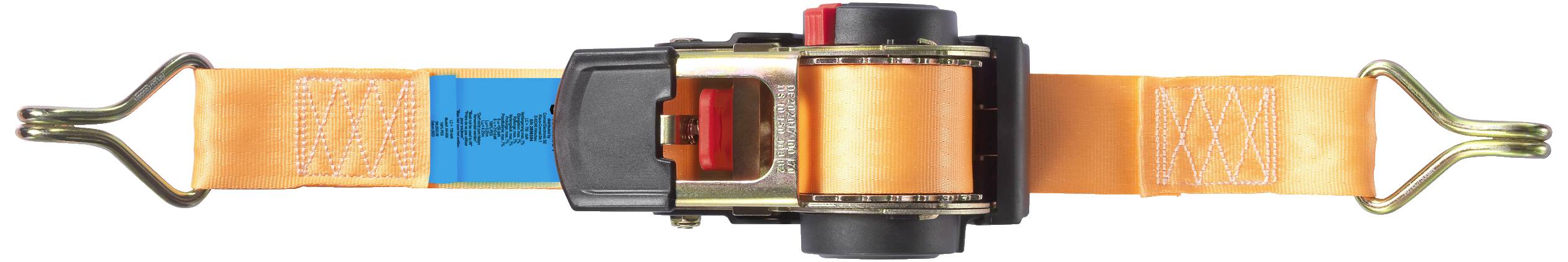 Un sangle d'arrimage orange avec une sangle à cliquet et des crochets aux deux extrémités pour la fixation de charges.