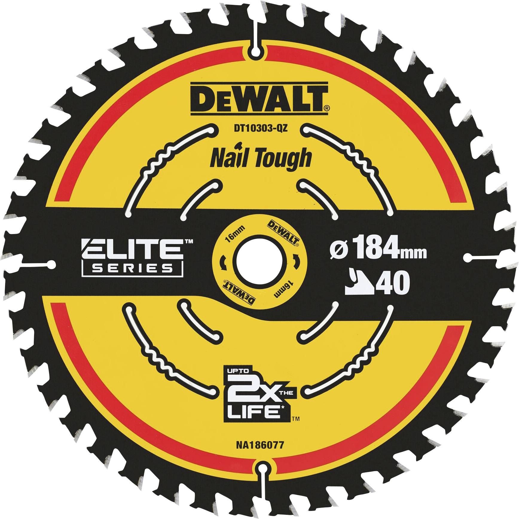 Lame de scie circulaire avec logo 'DeWalt', inscription 'Nail Tough', 'Elite Series', diamètre de 184 mm, 40 dents, 'jusqu'à 2 fois plus de durée de vie'.
