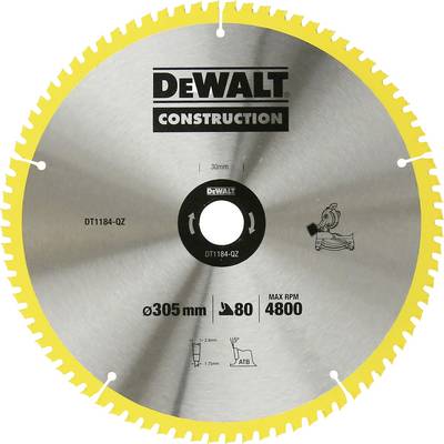 Disque de coupe avec bordure jaune, logo 'DeWALT Construction', diamètre de 305 mm, vitesse de rotation maximale de 4800 tr/min.