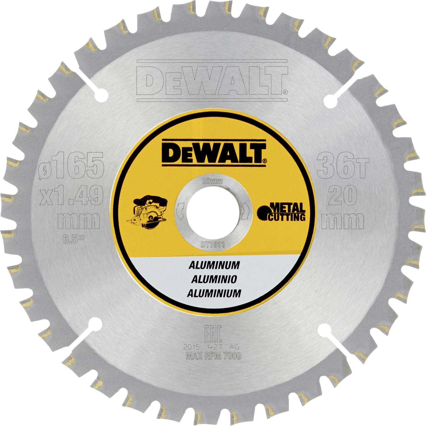 Lame de scie circulaire pour coupe de métal, marque DeWALT, diamètre 165 mm, 36 dents, adaptée à l'aluminium, avec marquages de sécurité illustrés.
