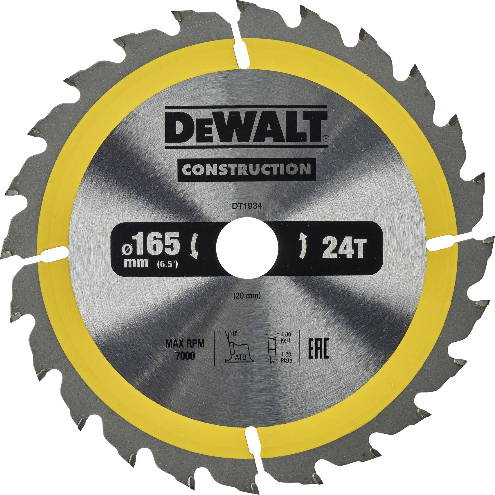 Lame de scie circulaire de 165 mm de diamètre avec 24 dents. Marque : DeWalt. Convient pour les scies circulaires à haute vitesse jusqu'à 7000 tr/min.