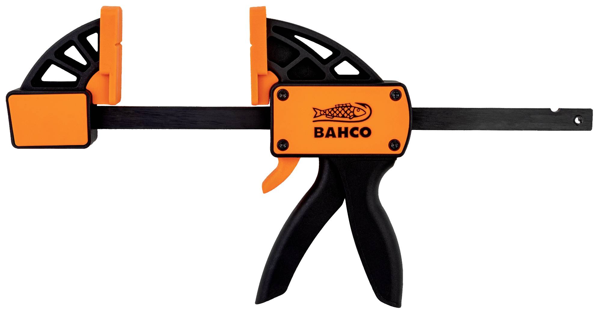 Une pince orange et noire de la marque Bahco, utilisée pour maintenir des matériaux. Elle dispose d'une poignée ergonomique et d'un étau réglable.