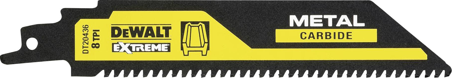 Une lame de scie à métaux DeWalt avec 8 TPI, adaptée pour le métal, portant l'inscription 'Extreme' et 'Carbide' sur un fond jaune.