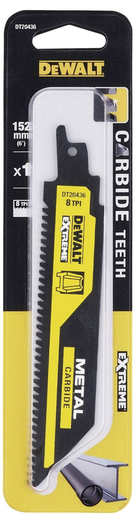Une lame de scie à métaux Dewalt dans un emballage portant l'inscription 'Dents en carbure', adaptée pour scier le métal, longueur de 152 mm.