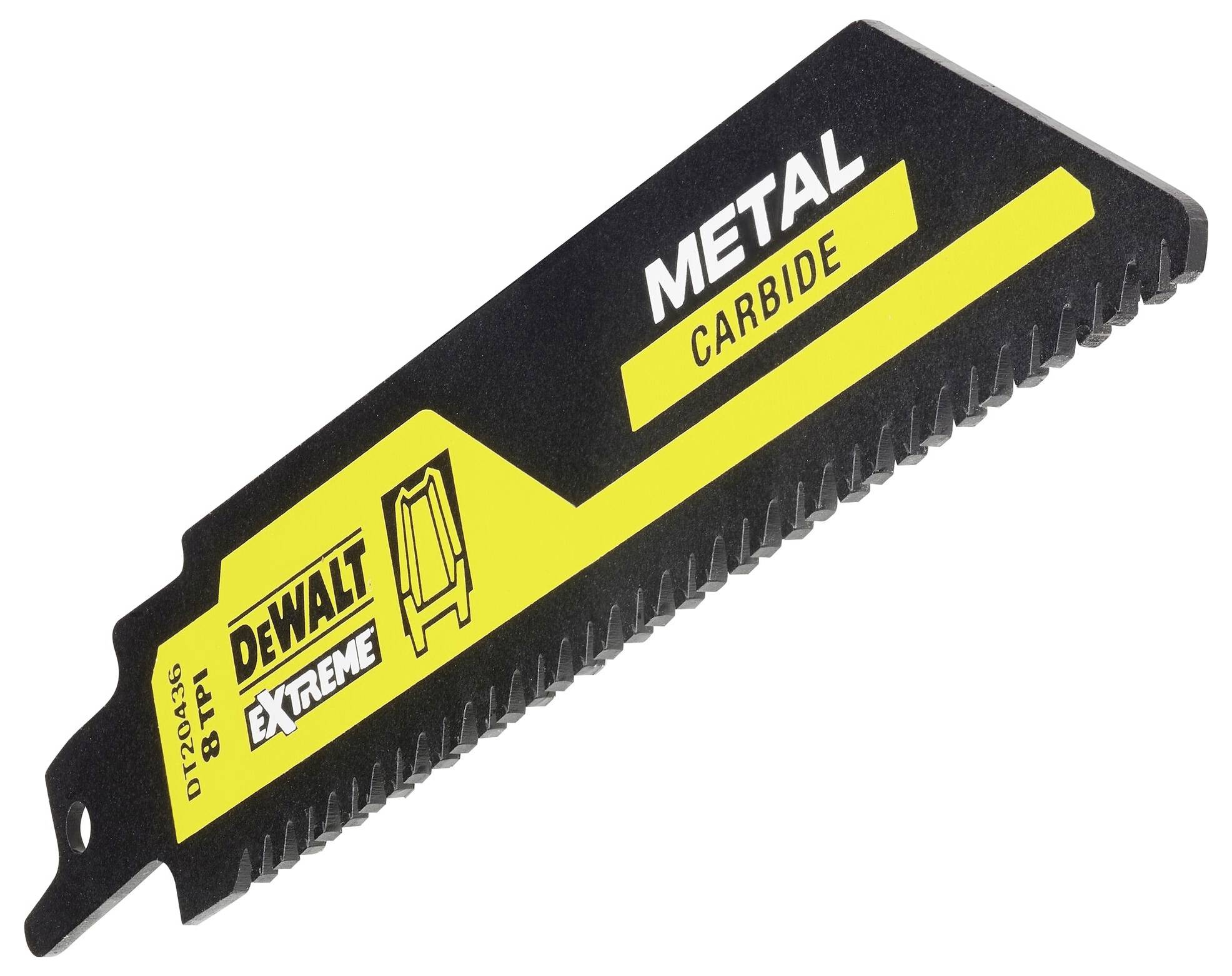Lame de scie au design jaune et noir, marquée 'METAL CARBIDE' et 'DEWALT EXTREME', conçue pour couper le métal.