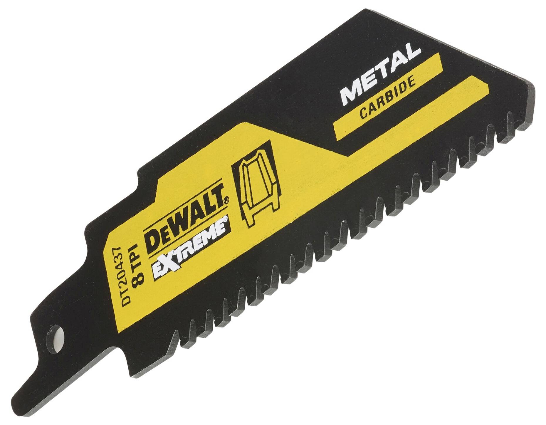 Lame de scie avec logo jaune 'DEWALT' et inscription 'METAL CARBIDE', adaptée pour la coupe de métal ; présentation du produit.