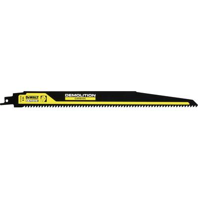 Lame de scie au design jaune et noir. Inscription : 'DEWALT EXTREME DEMOLITION'. Dents sur le bord inférieur. Utilisée pour les travaux de démolition.