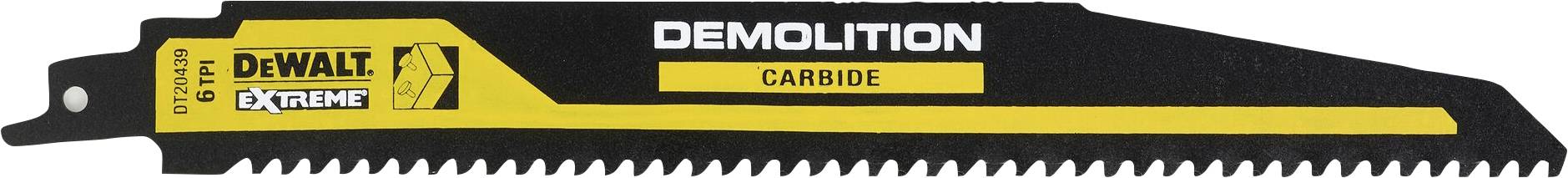 Une lame de scie de la marque DeWalt portant l'inscription 'DEWALT EXTREME DEMOLITION CARBIDE', adaptée aux travaux de démolition.