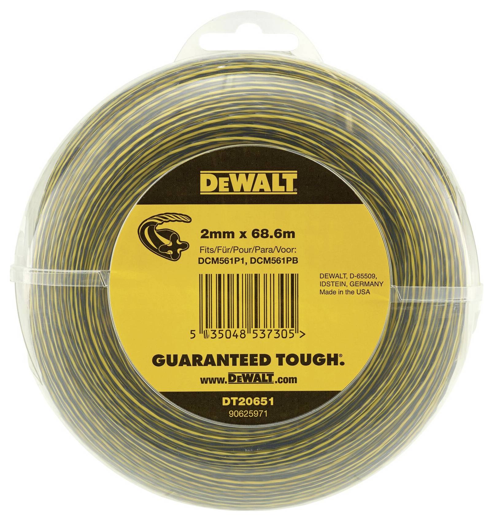 Un rouleau de fil de coupe jaune et noir DeWalt, de 2 mm d'épaisseur, long de 68,6 m, adapté aux modèles DCM561P1 et DCM561PB.