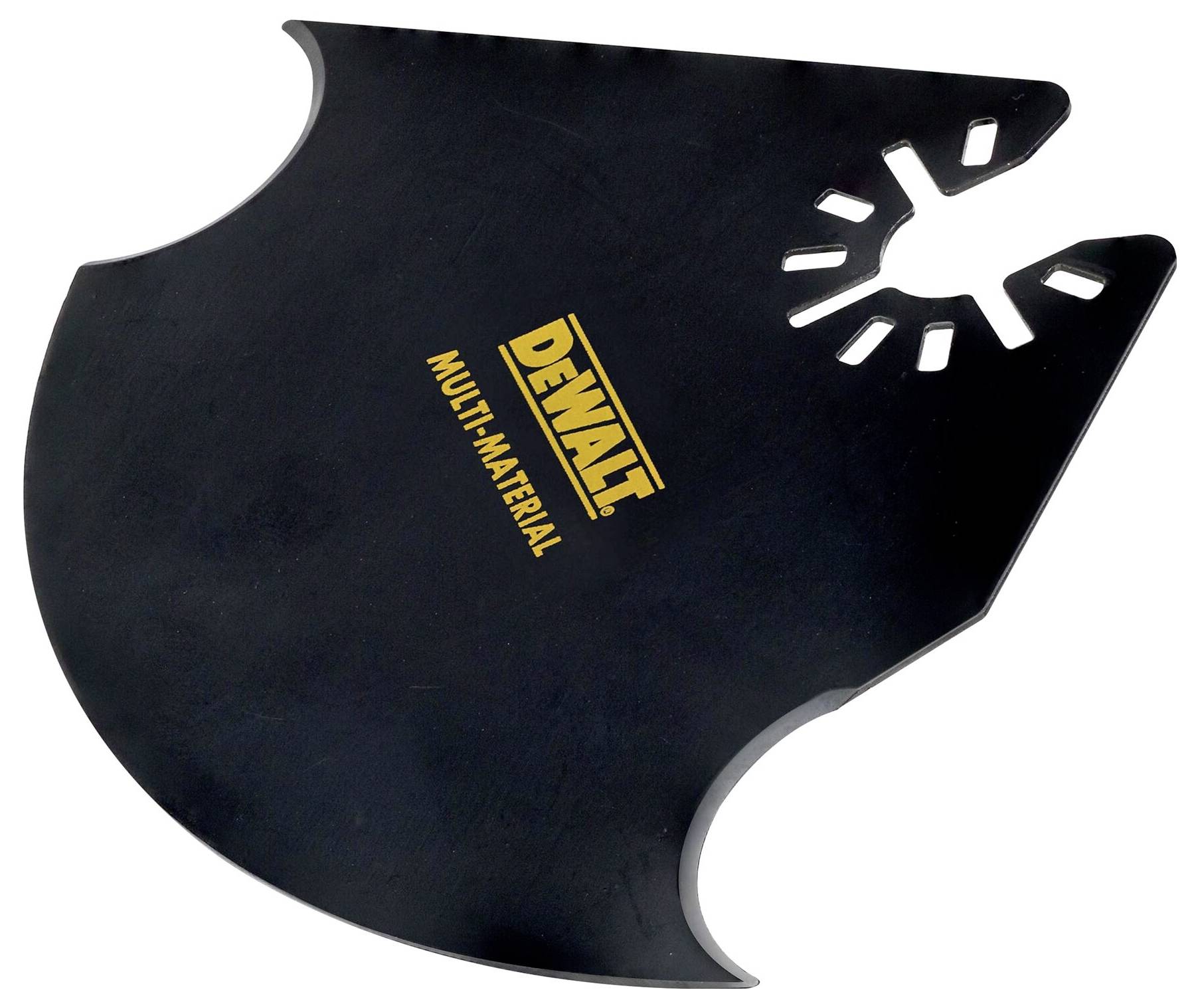 Une lame de scie noire avec le logo jaune 'DEWALT MULTI-MATERIAL', adaptée pour couper différents matériaux.