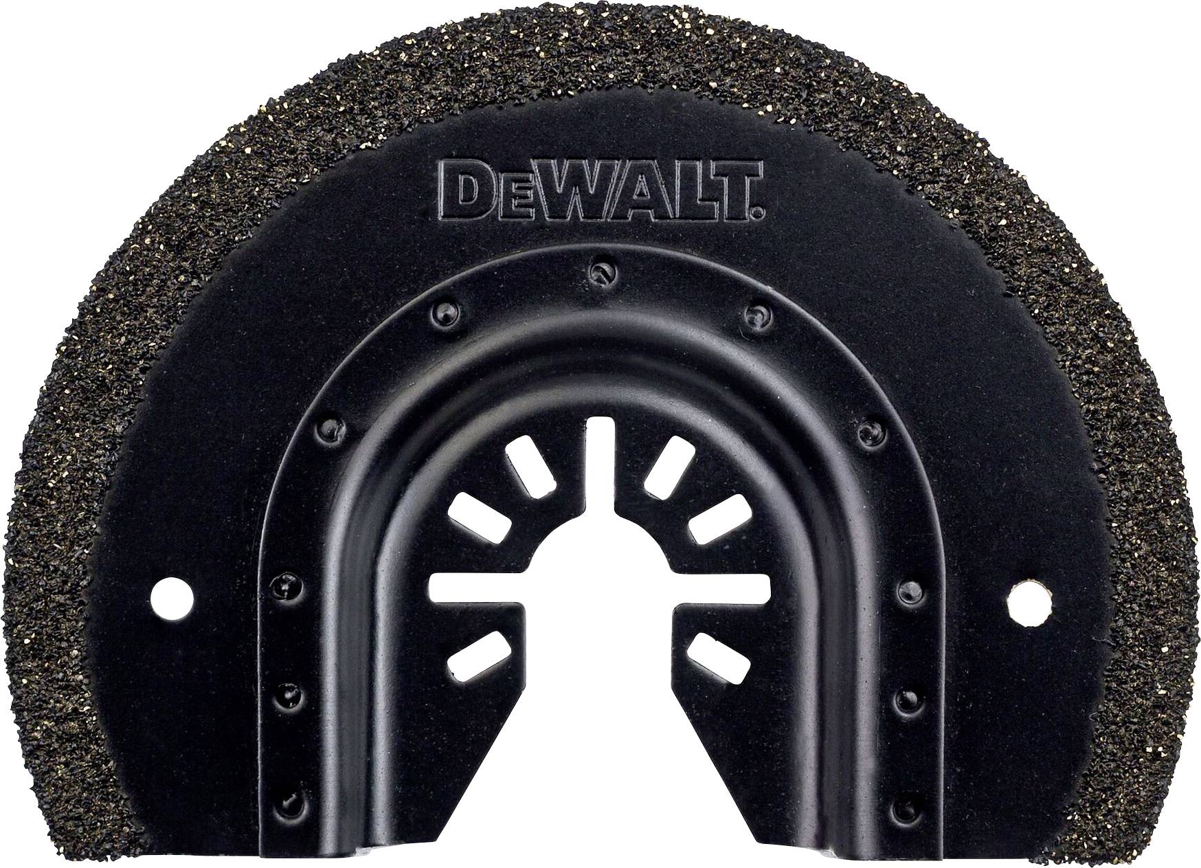 Une lame de scie circulaire DeWalt à boîtier noir et bords dentelés, conçue pour des applications sur chantier.