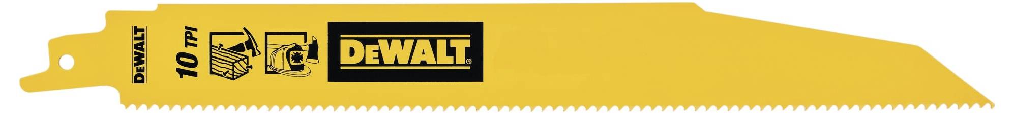 Une lame de scie jaune portant le logo et le nom 'DEWALT', adaptée pour des coupes grossières.