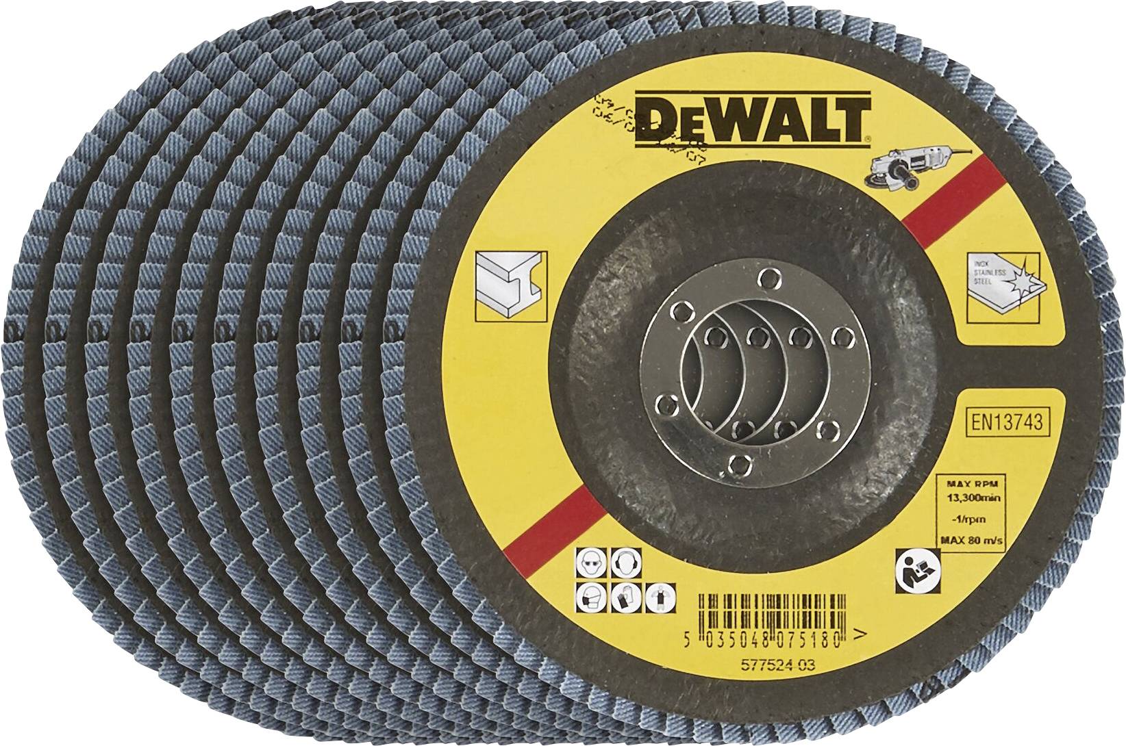 Un lot de disques à tronçonner de la marque 'DEWALT', adaptés pour le travail de l'acier et des métaux, vitesse maximale de 13 300 tr/min.