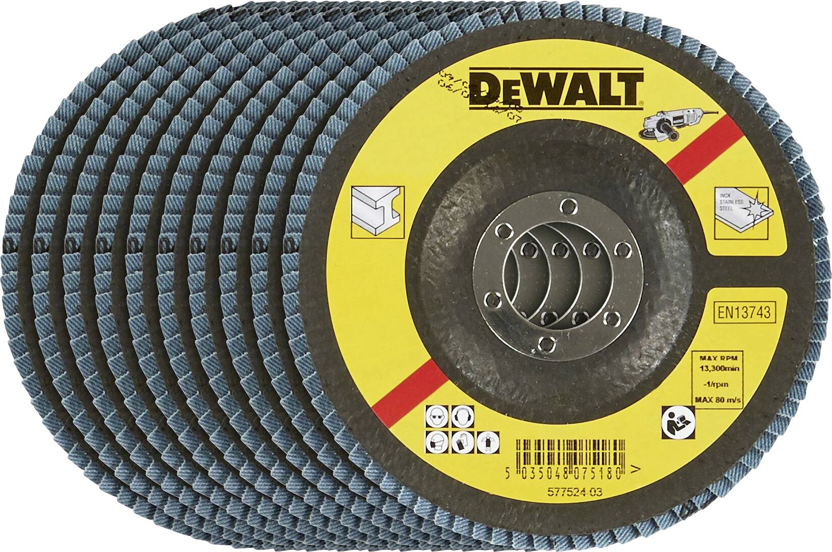 Une pile de disques abrasifs DeWalt, marqués avec des détails techniques tels que le diamètre (115 mm) et la vitesse de rotation maximale (13 300 tr/min).
