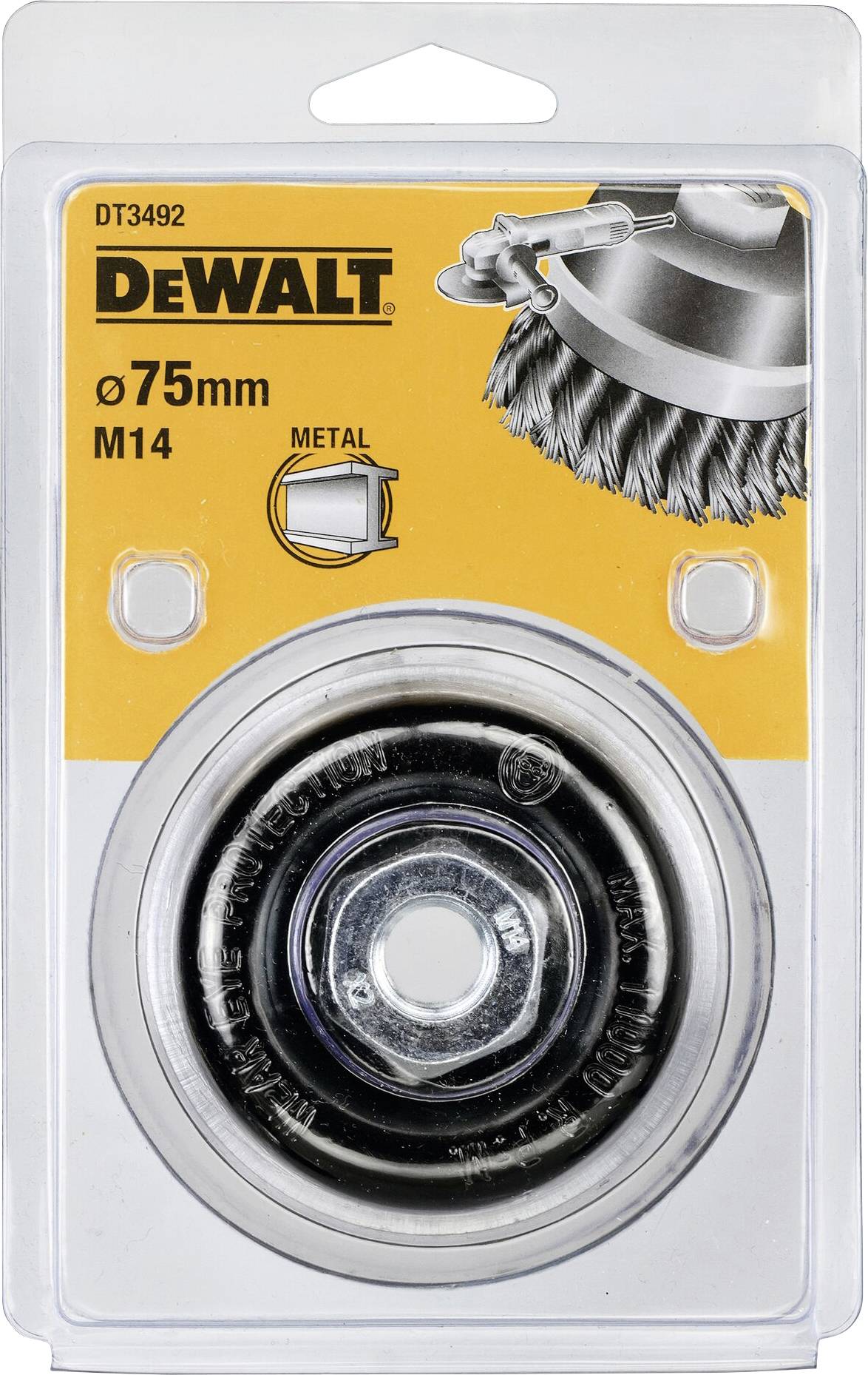 Brosse métallique en acier 75mm M14 de DeWalt, idéale pour l'usinage des métaux. Emballage jaune et noir avec illustration du produit en haut à droite.