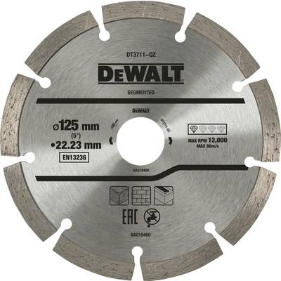 Lame de scie circulaire DeWalt, 125 mm, pour béton, jusqu'à 12 000 tr/min. Adaptée pour couper différents matériaux.