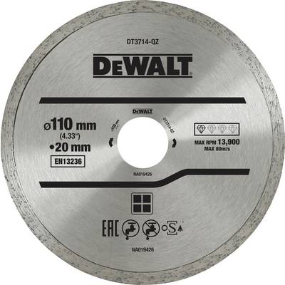 Un disque à tronçonner diamanté argenté de la marque DeWALT, Ø 110 mm, adapté pour une vitesse de rotation maximale de 13 900 tr/min.