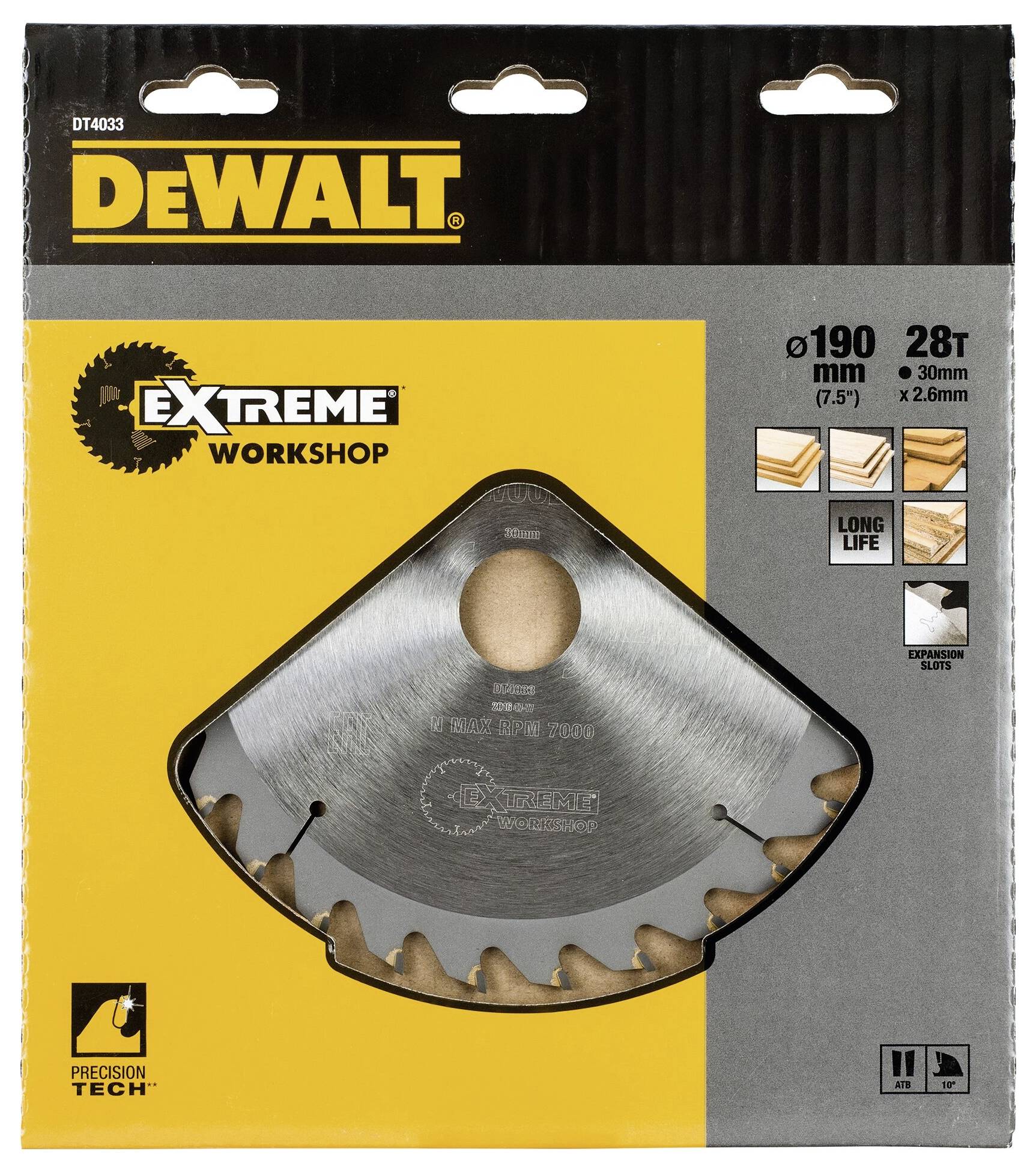 Emballage d'une lame de scie circulaire DeWalt de 190 mm de diamètre avec 28 dents, conçue pour les travaux sur bois, mettant l'accent sur la durabilité.