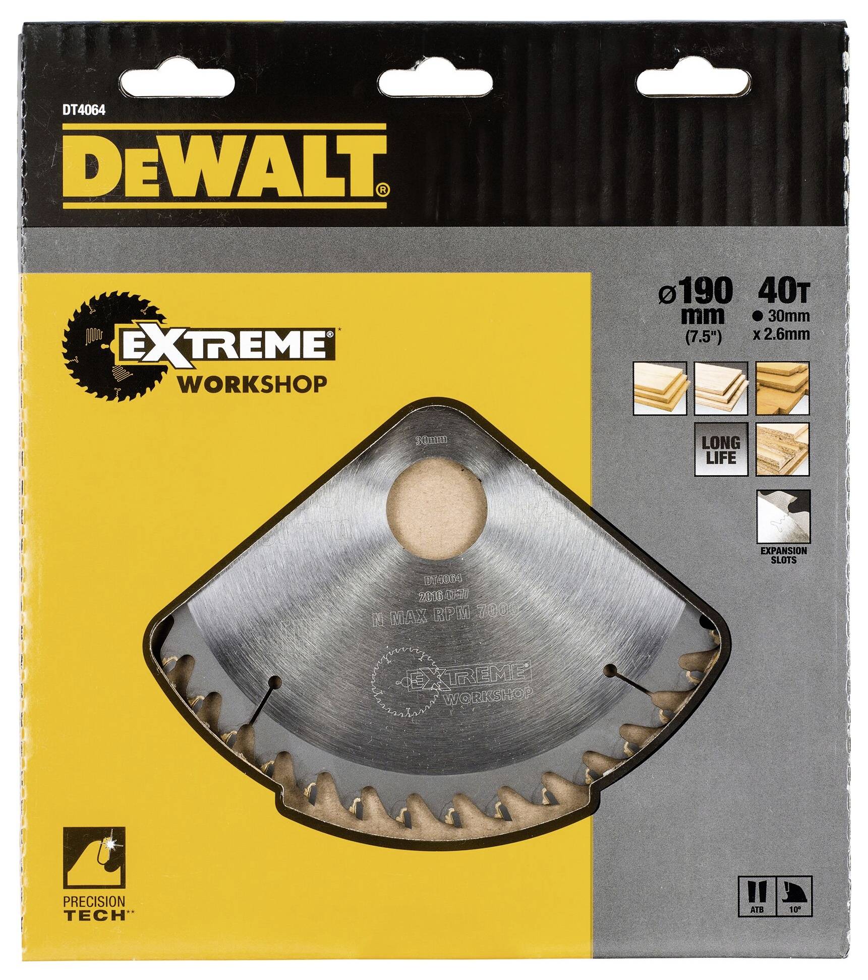 Emballage d'une lame de scie circulaire DEWALT 'Extreme Workshop' de 190 mm de diamètre avec 40 dents, conçue pour une durée de vie prolongée.