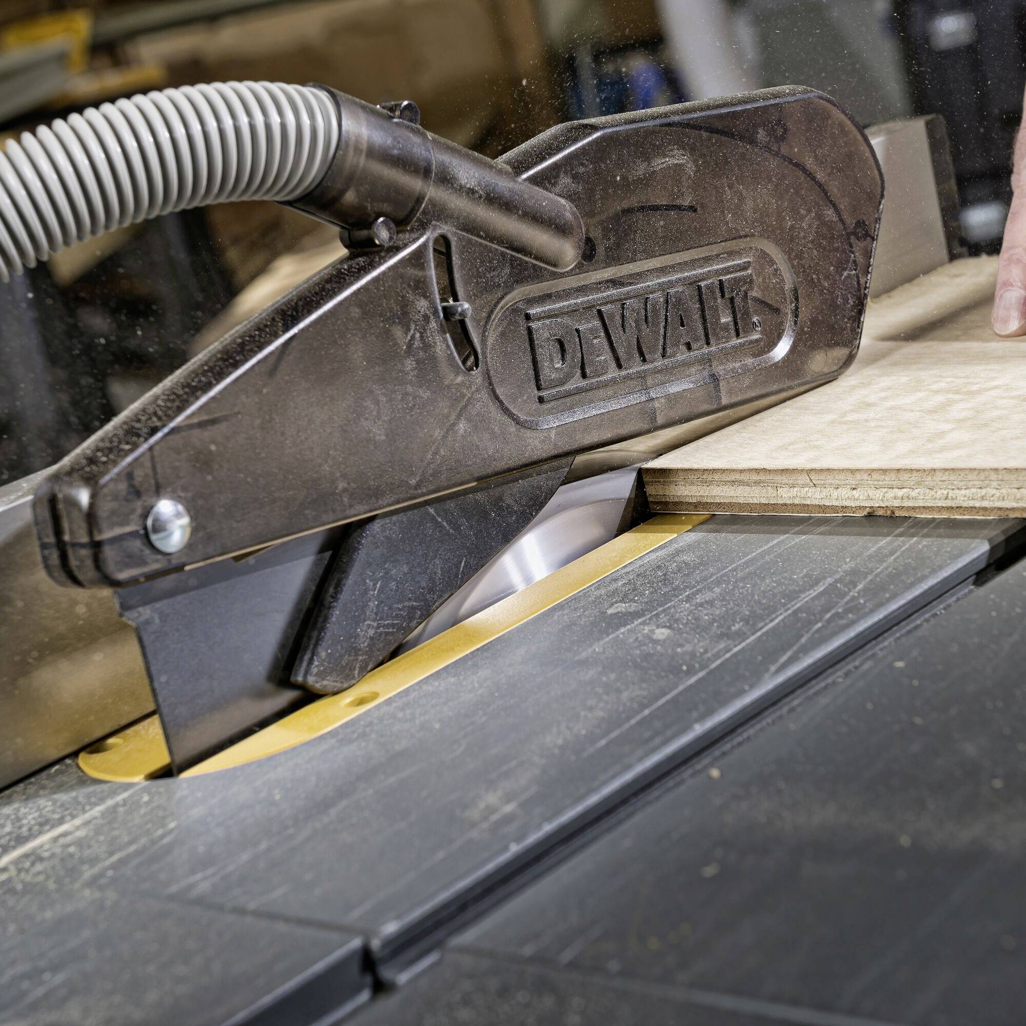 Une scie circulaire coupe une planche de bois dans un atelier. La scène montre le mouvement de coupe près du carter de protection de la lame.