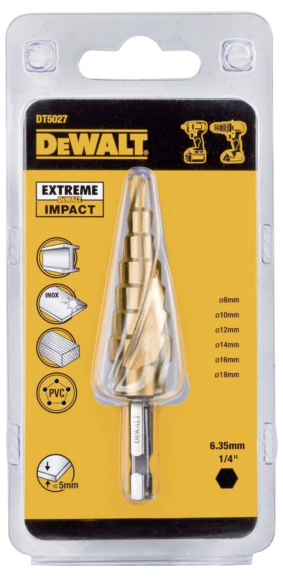 L'emballage présente un foret étagé DeWalt pour applications extrêmes, adapté au métal, à l'acier inoxydable, au PVC ; plage de dimensions 4-20 mm.