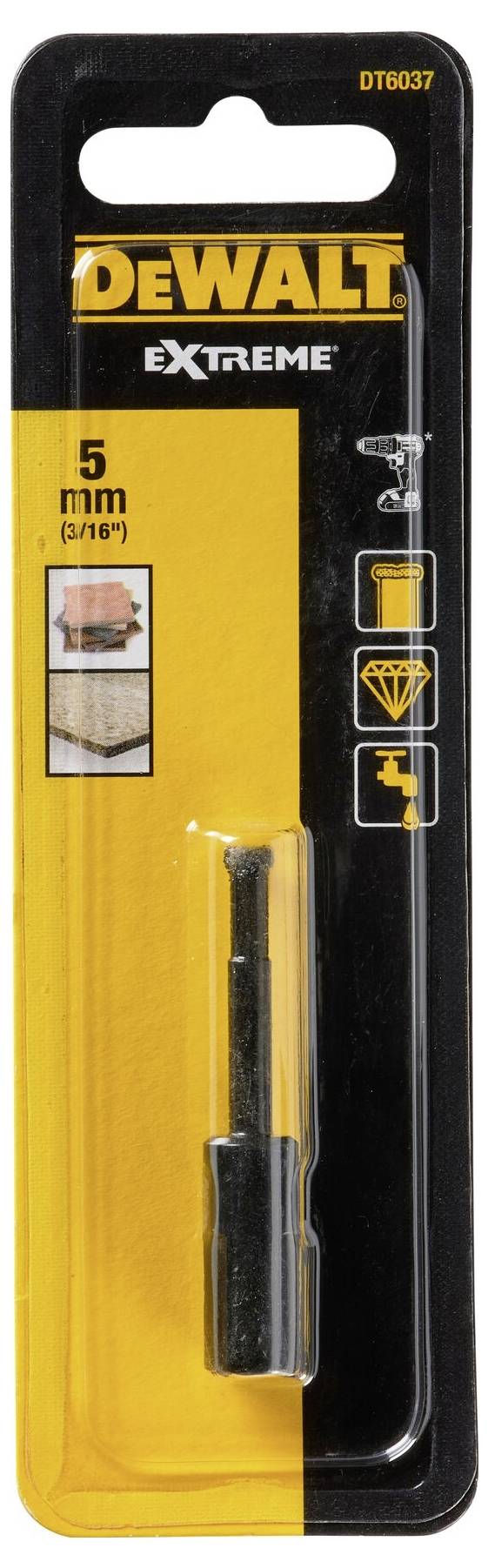 Emballage d'un foret DEWALT, diamètre de 5 mm. Adapté pour le béton et la pierre. Code produit : DT6037.