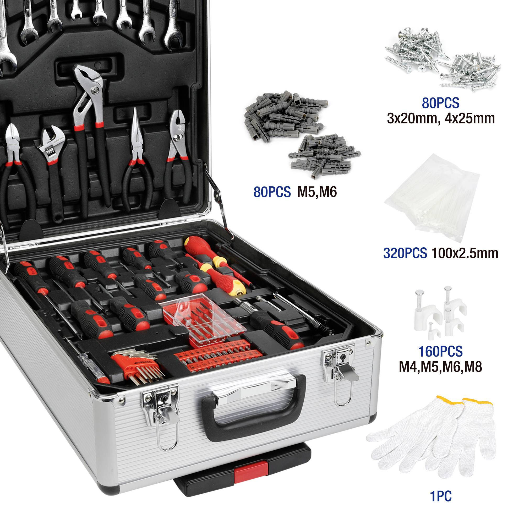 Mallette à outils comprenant divers instruments tels que tournevis, pinces, vis et chevilles. Gants inclus. Idéal pour les bricoleurs.