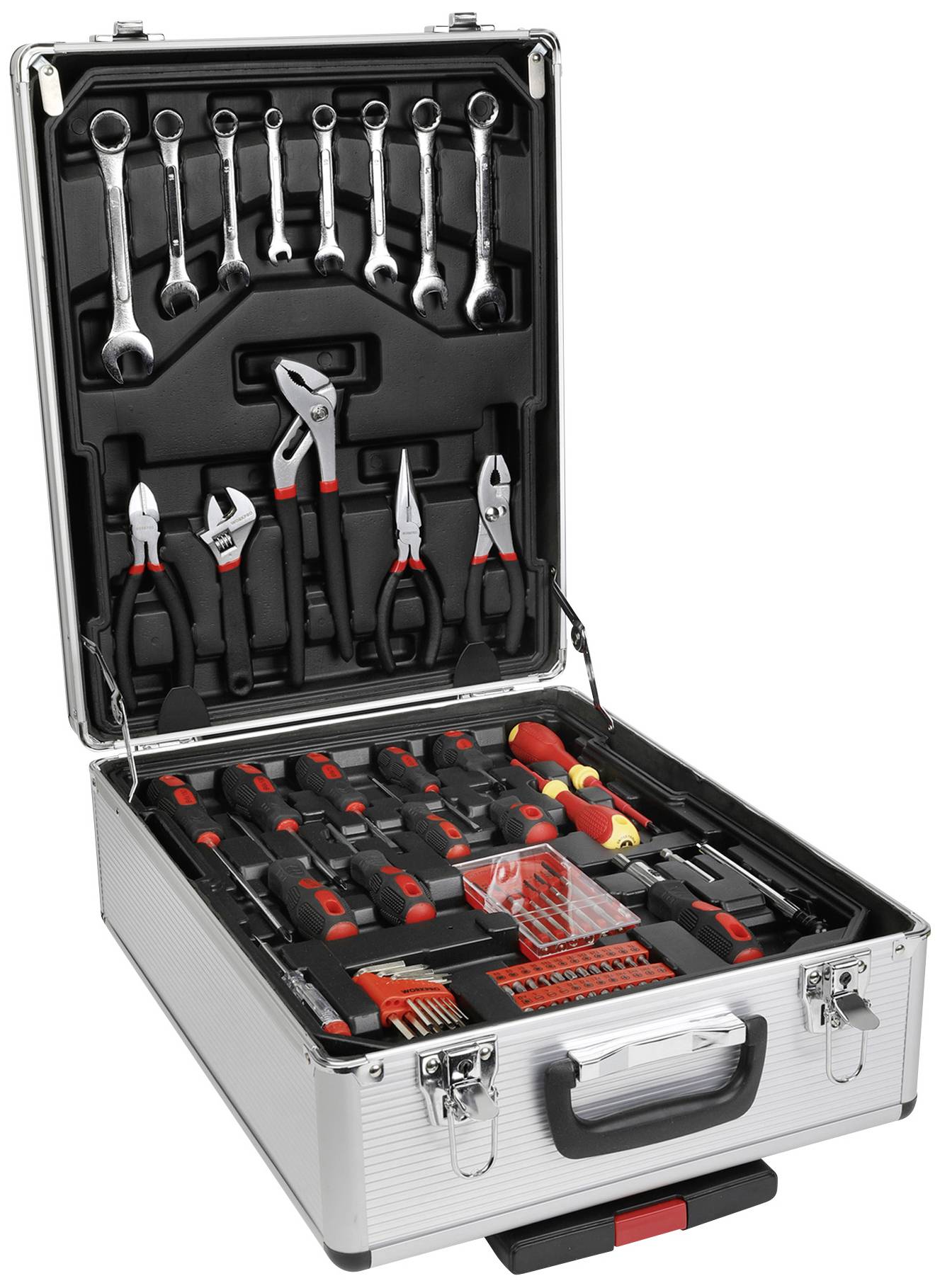 Une boîte à outils ouverte contenant divers instruments, notamment des clés, des pinces et des tournevis, alignés et soigneusement disposés.