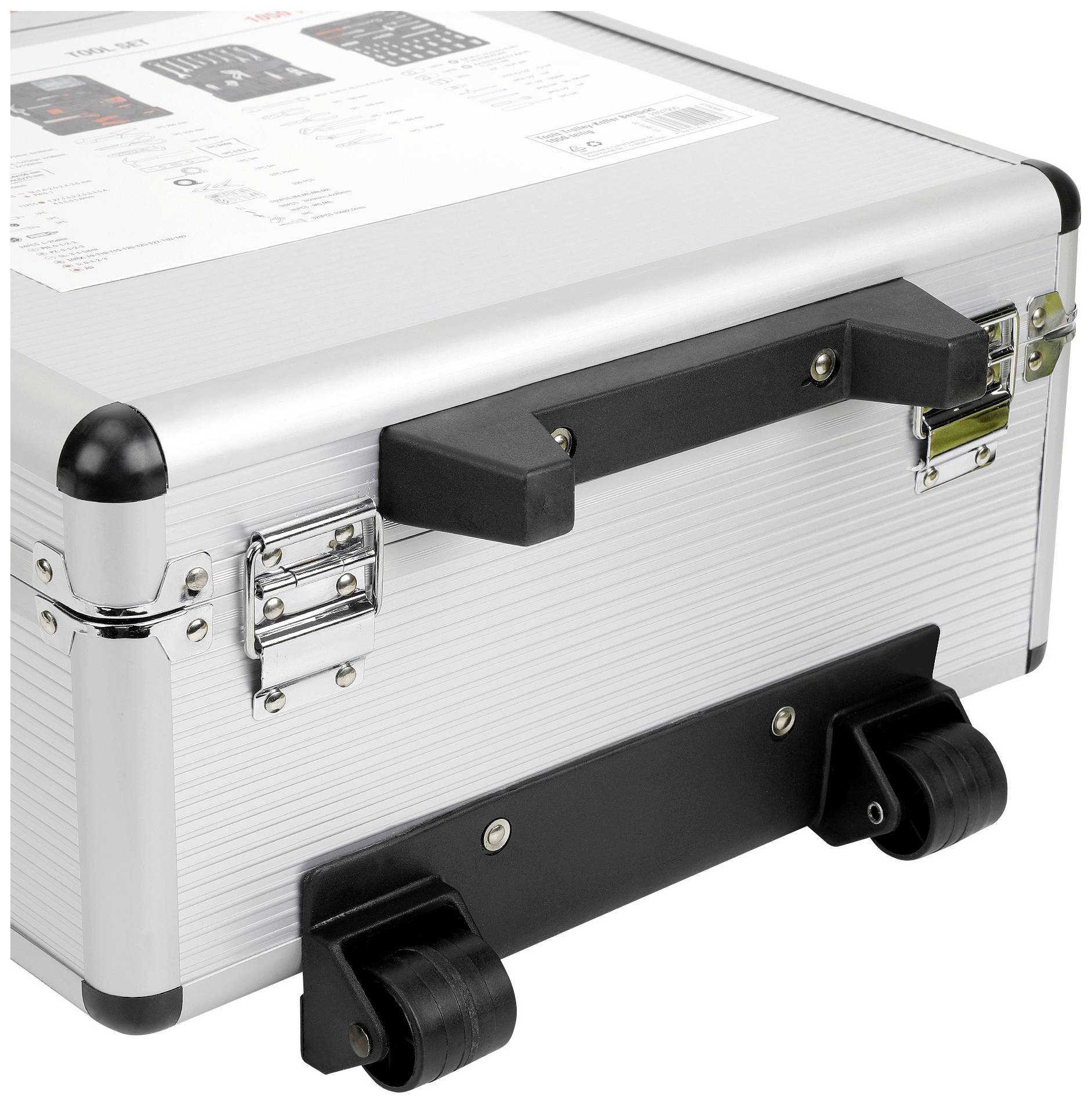 Valise en aluminium argenté avec poignées et roues en plastique noir, adaptée au transport d'outils ou d'équipements.