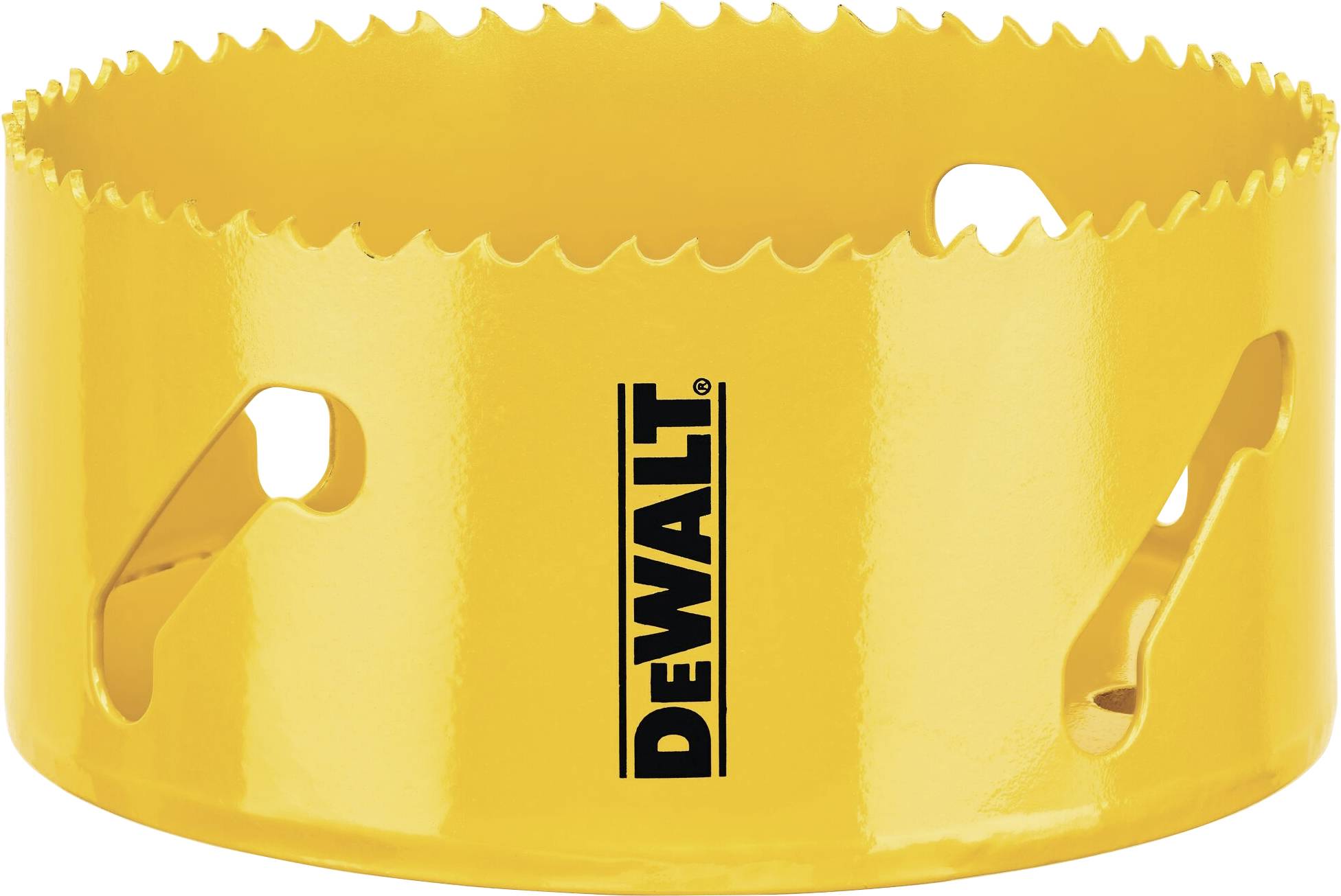 Emporte-pièce jaune de la marque DEWALT avec des dents tranchantes. Utilisé pour percer de grands trous dans divers matériaux.