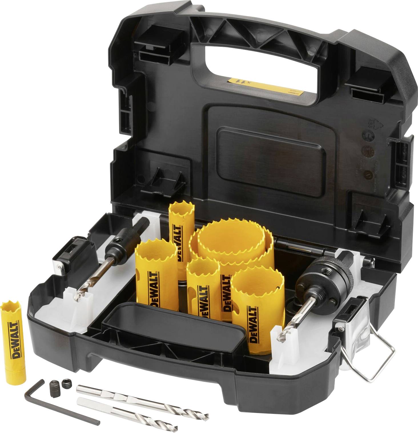 'Boîte à outils contenant des scies cloche jaunes, des forets et des accessoires de DeWalt, présentée dans une mallette noire avec poignée de transport.'