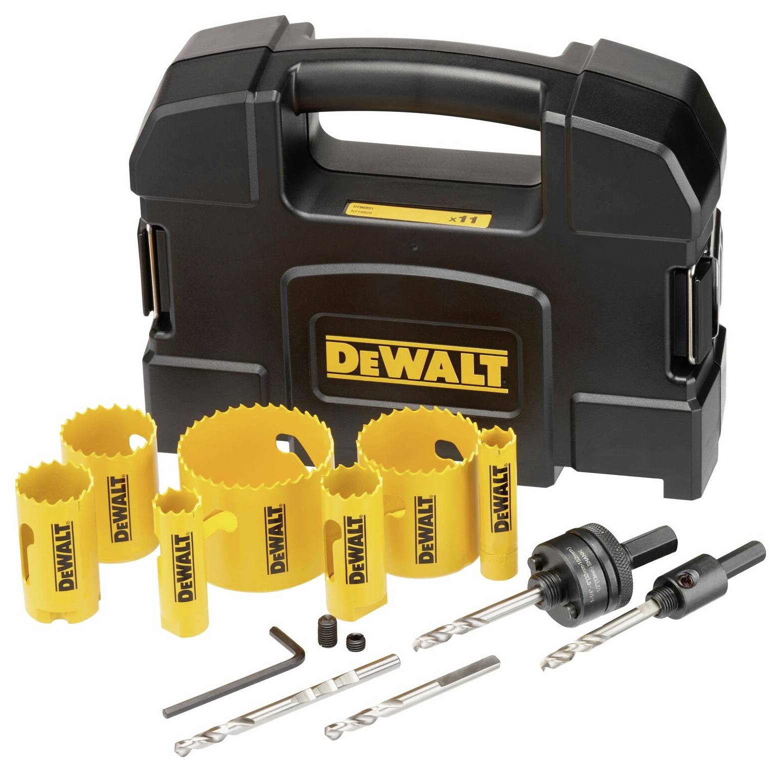 Coffret de couronnes de perçage DeWalt en jaune, comprenant des forets et accessoires, posé devant un étui de transport noir. Adapté à divers types de perçage.