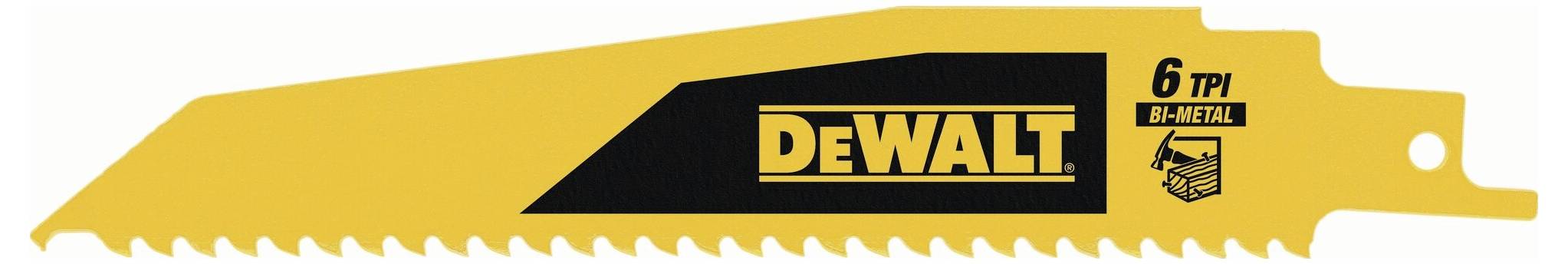Un emballage de lame de scie jaune avec le texte noir 'DEWALT'. À droite, il est inscrit '6 TPI Bi-Métal'.