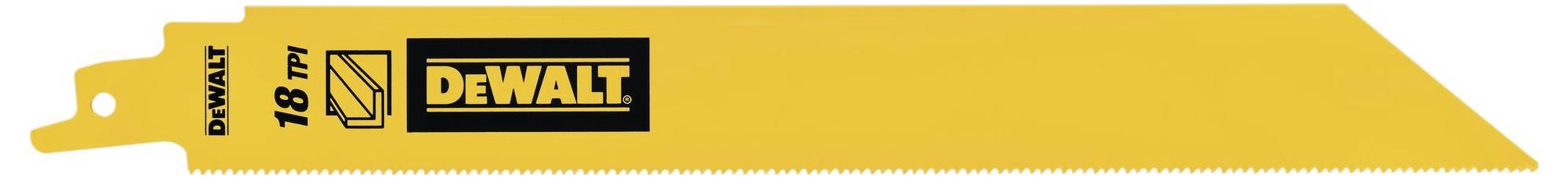 Lame de scie jaune portant l'inscription 'DEWALT 18 TPI' et le logo DEWALT, adaptée pour des coupes précises dans le bois et le métal.
