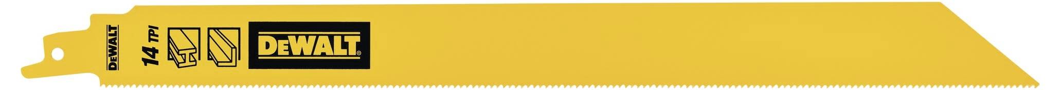 Lame de scie jaune avec le logo 'DEWALT' et des symboles de sécurité et d'utilisation.