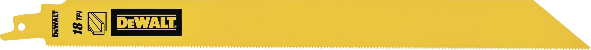 Lame de scie jaune avec le logo "DEWALT" et des symboles d'compatibilité et d'application. Conçue pour la précision et la durabilité.