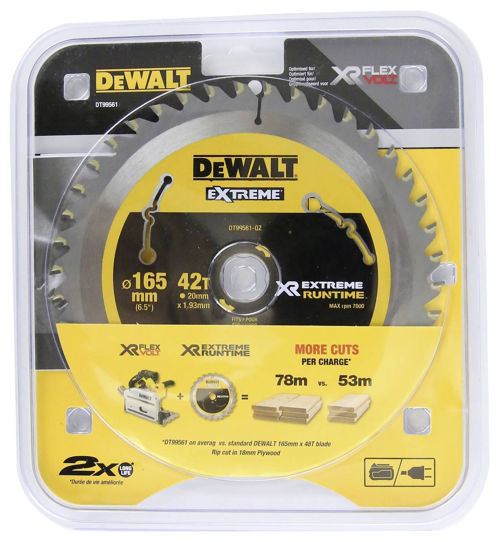 'Lame de scie DEWALT Extreme 165 mm, 42 dents, technologie XR Flexvolt, durée de vie plus longue : 78 m contre 53 m par charge, adapté pour le travail du bois.'