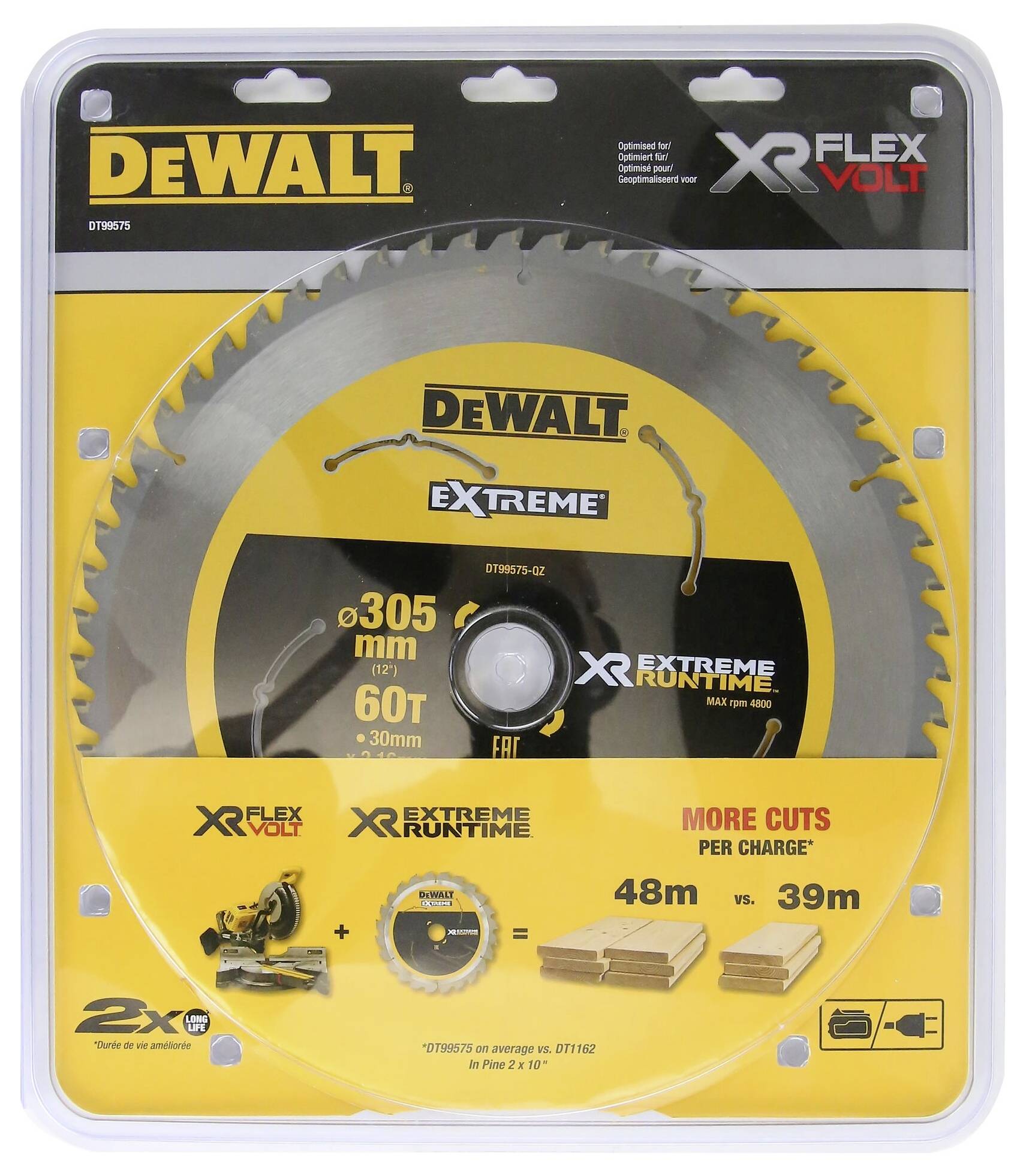 Emballage d'une lame de scie DeWALT de 305 mm de diamètre, adaptée aux travaux sur bois. Met en avant une durée de vie extrême et la technologie XR FlexVolt.