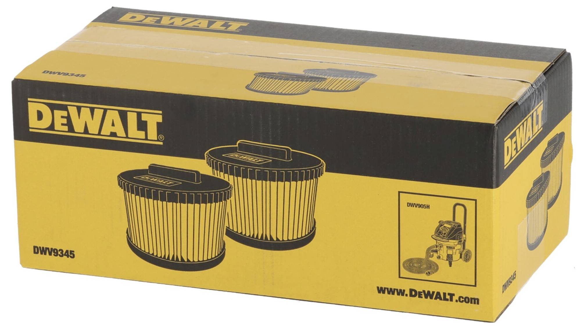 Un carton jaune DeWalt avec des illustrations de deux cartouches filtrantes et d'un aspirateur. Numéro de modèle : DWV9345.