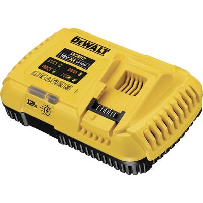 Chargeur jaune DEWALT 18V XR Lithium-Ion avec indicateur de charge et fentes de ventilation, adapté aux batteries d'outils électriques.