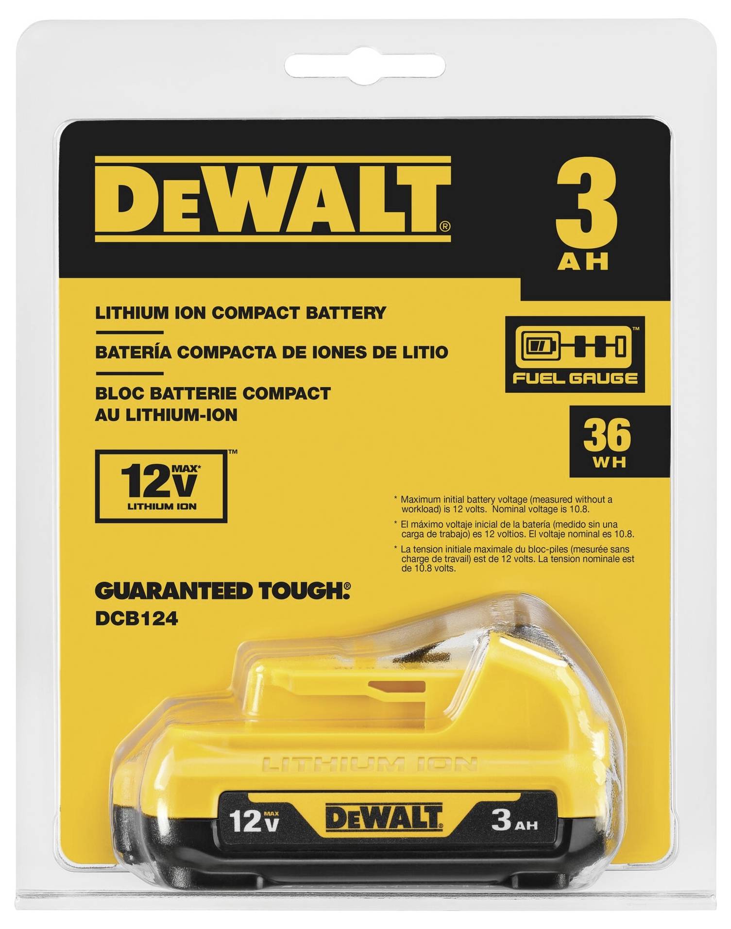 Emballage d'une batterie lithium-ion DeWalt, 12V, 3Ah. Face avant présentant les spécifications du produit : Conception compacte, durable et robuste.
